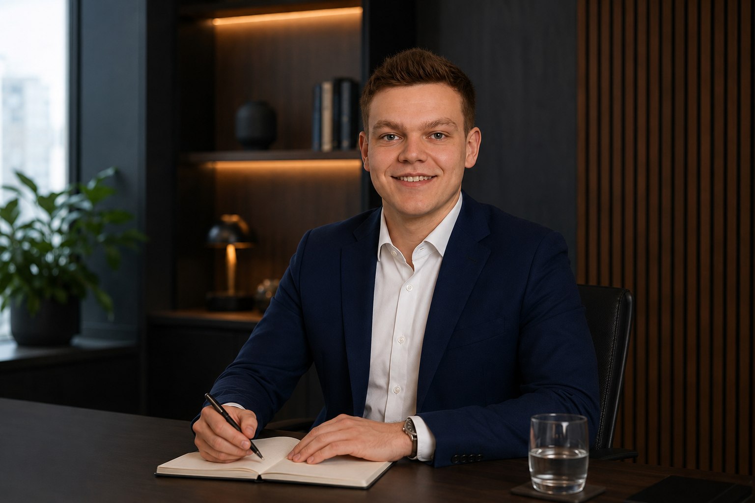 Jonathan Neder im professionellen Gespräch am Schreibtisch
